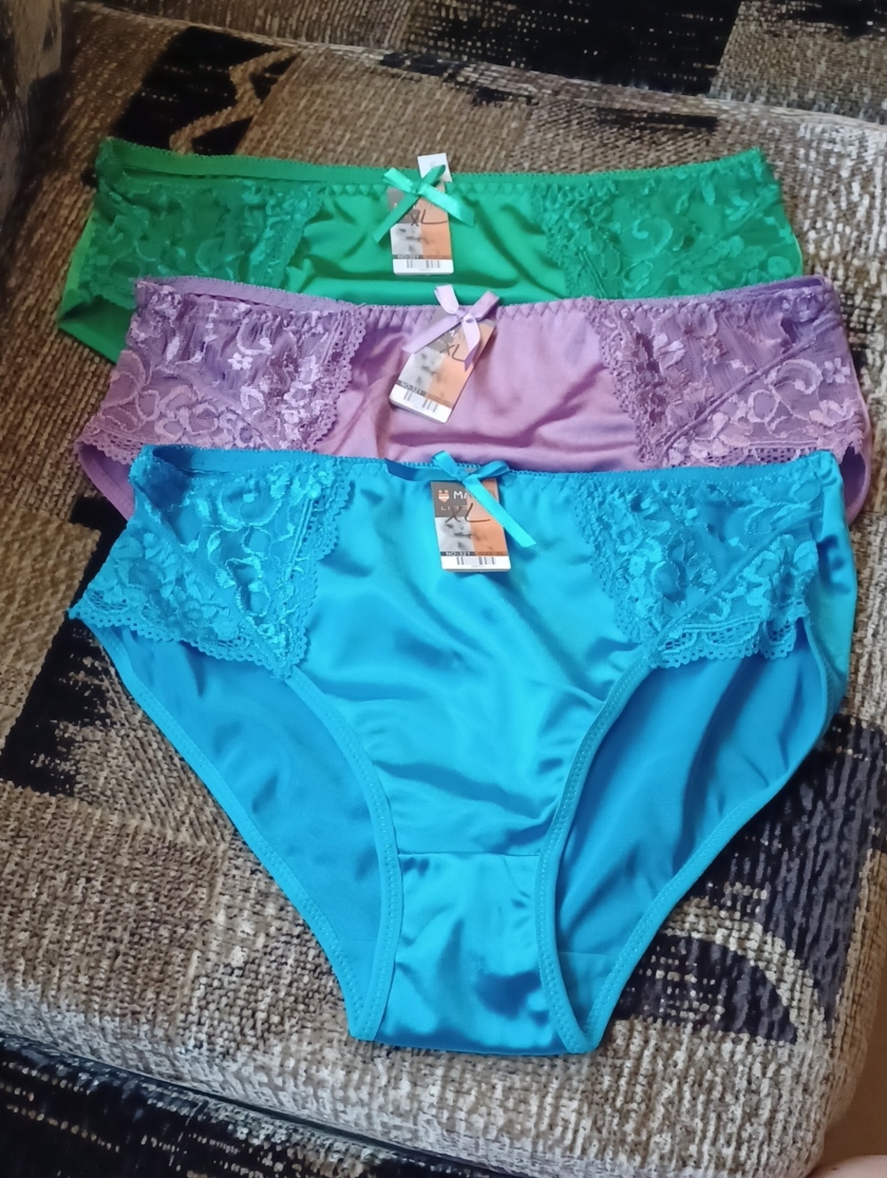 4/$40 New Lace-Trim Panties (Green, Lilac, and Blue) - Size XL